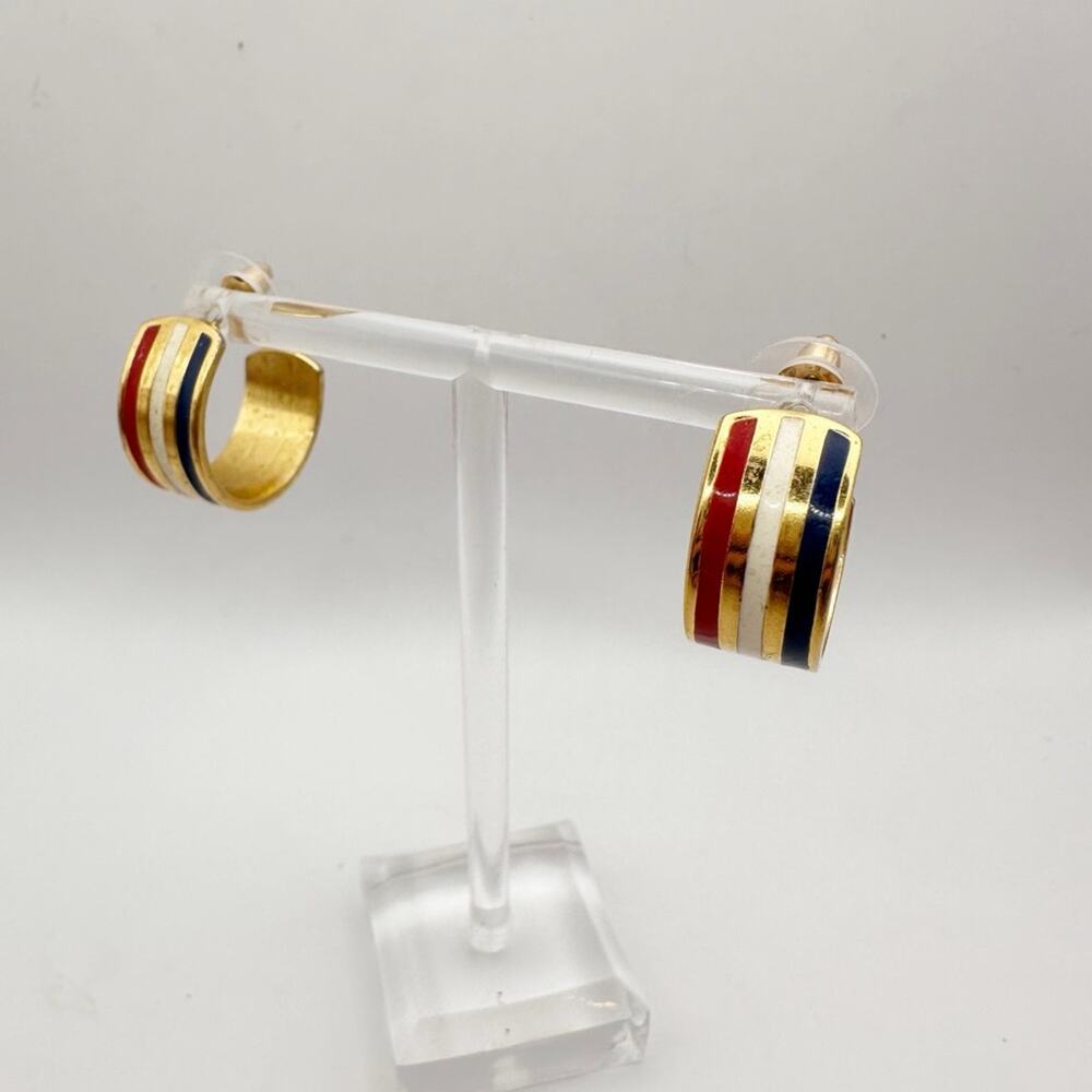 Avon American Glory Earring Costume Jewelry Gold Red White Blue Striped Hoop 90s - Picture 7 of 8